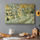 Canvas art print featuring a road lined with large trees where workers are gathered along path, set in a cozy kitchen setting