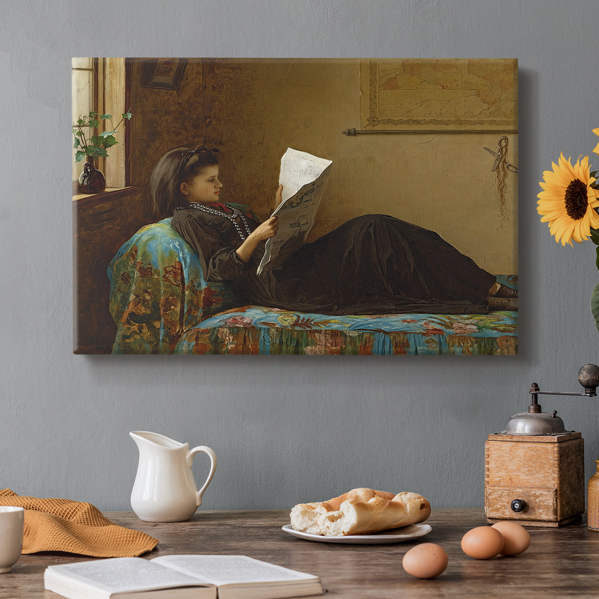 Canvas art print featuring a group of people gathered indoors reading newspaper together, set in a cozy kitchen setting