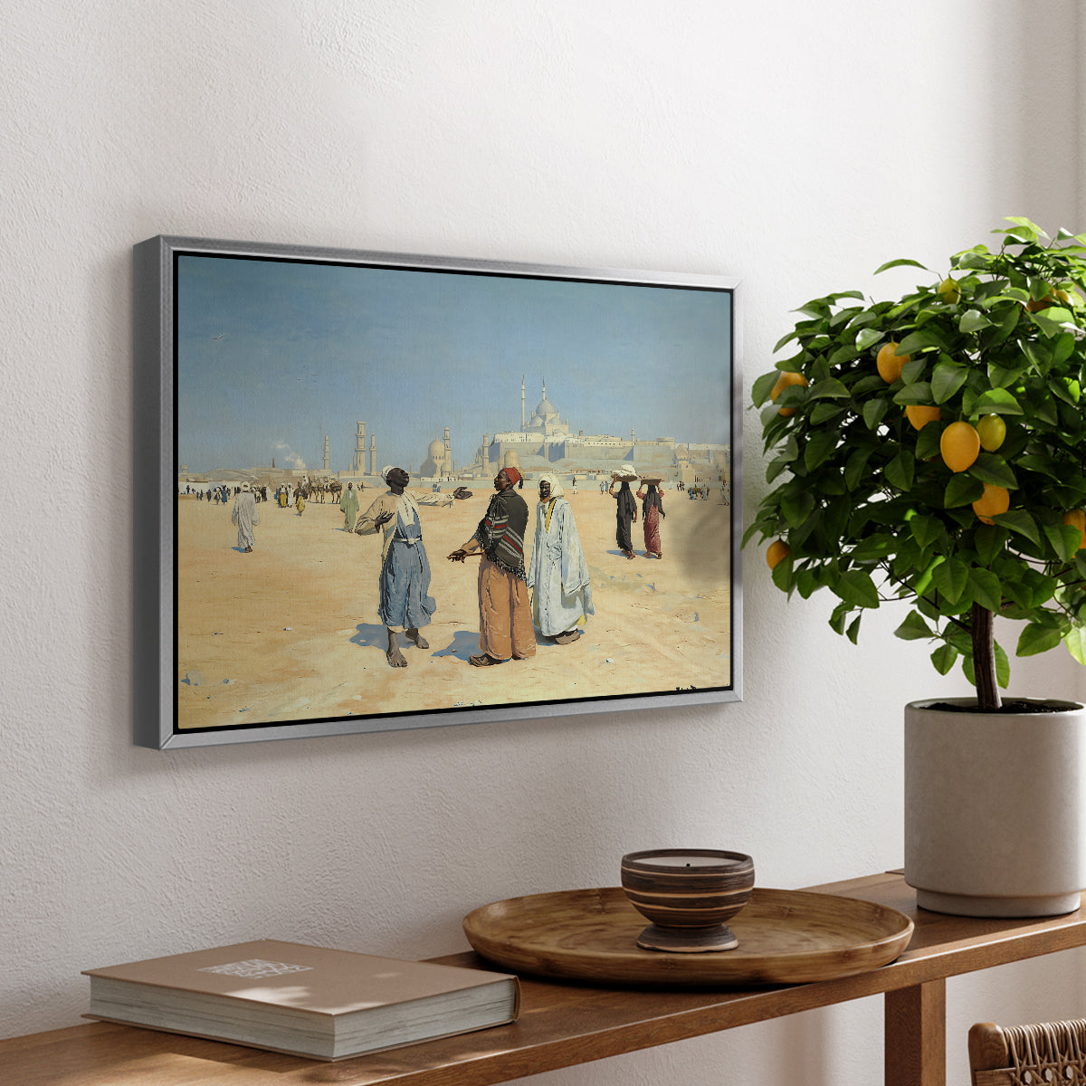 View from the Desert of Cairo with Citadel and Mamluk Tombs in the Background, c. 1889-1890 - Floater Framed Canvas Print