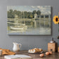 Canvas art print featuring a bridge spanning river with sailboats and reflections in water, set in a cozy kitchen setting