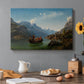 Canvas art print featuring a bridal procession in boats crossing a fjord surrounded by dramatic mountain landscape, set in a cozy kitchen setting