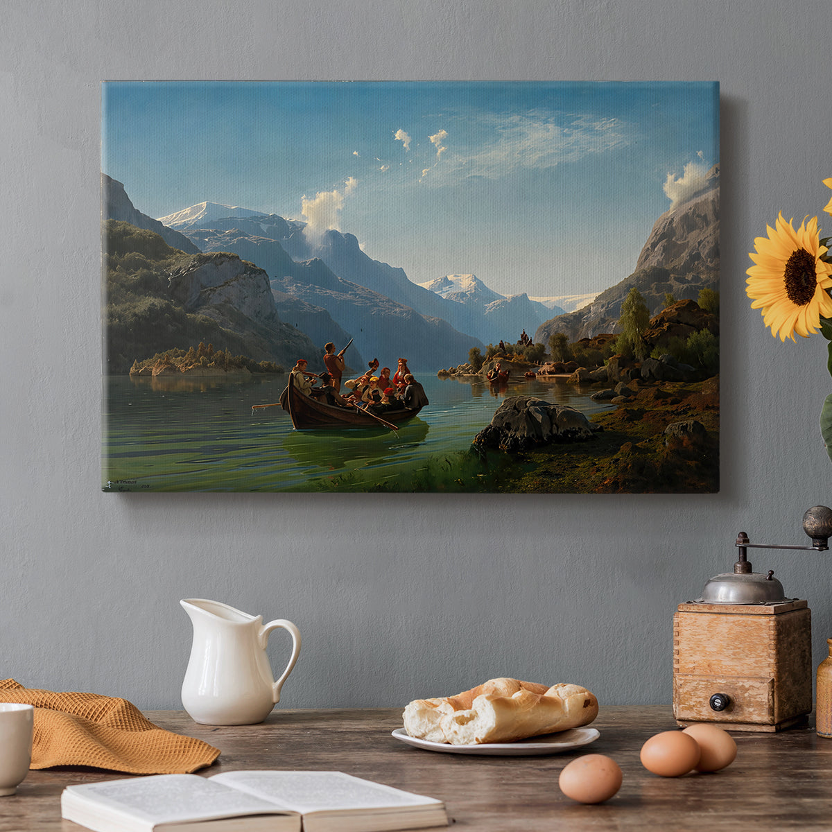 Canvas art print featuring a bridal procession in boats crossing a fjord surrounded by dramatic mountain landscape, set in a cozy kitchen setting