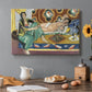 Canvas art print featuring two women seated indoors playing checkers in a colorful room, set in a cozy kitchen setting