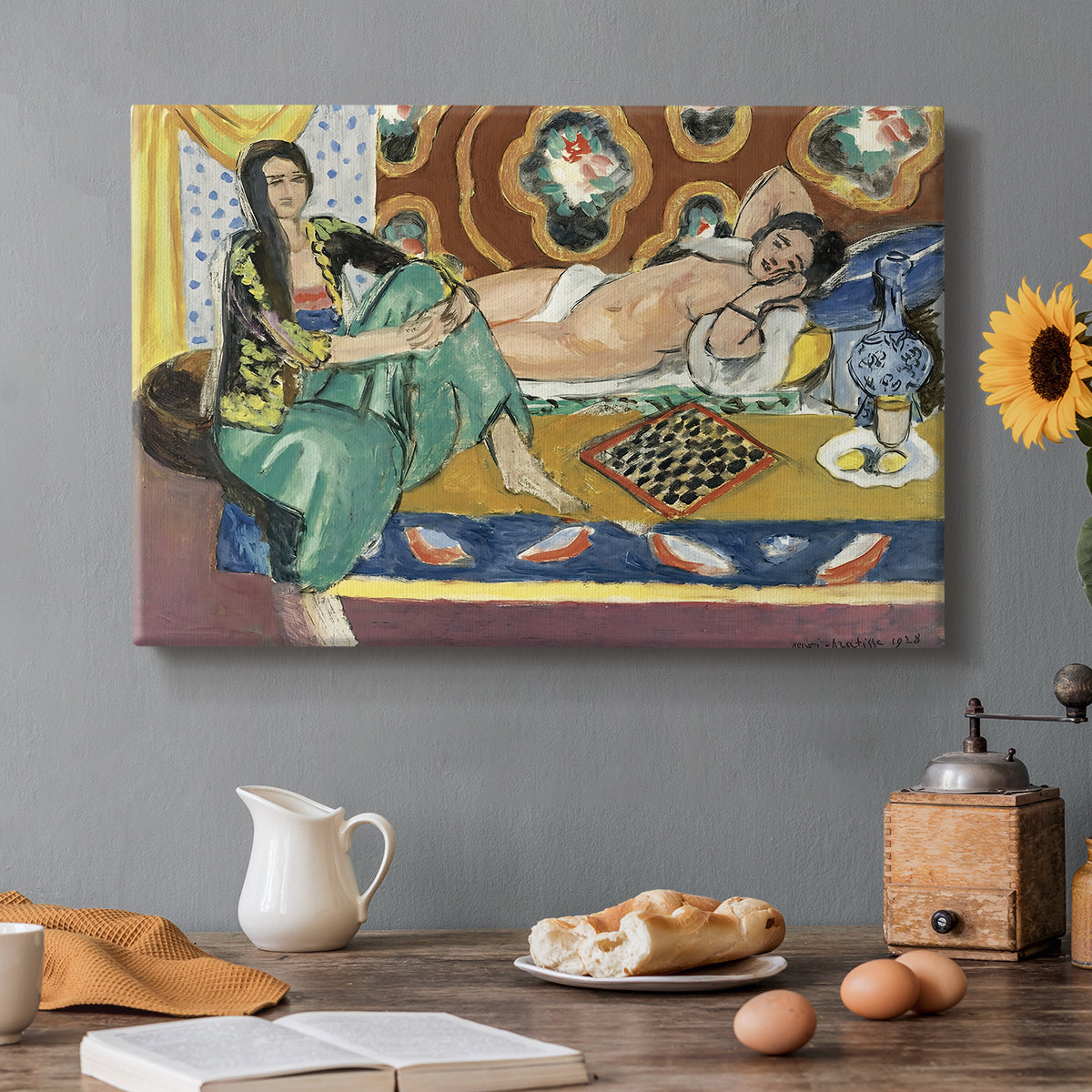 Canvas art print featuring two women seated indoors playing checkers in a colorful room, set in a cozy kitchen setting