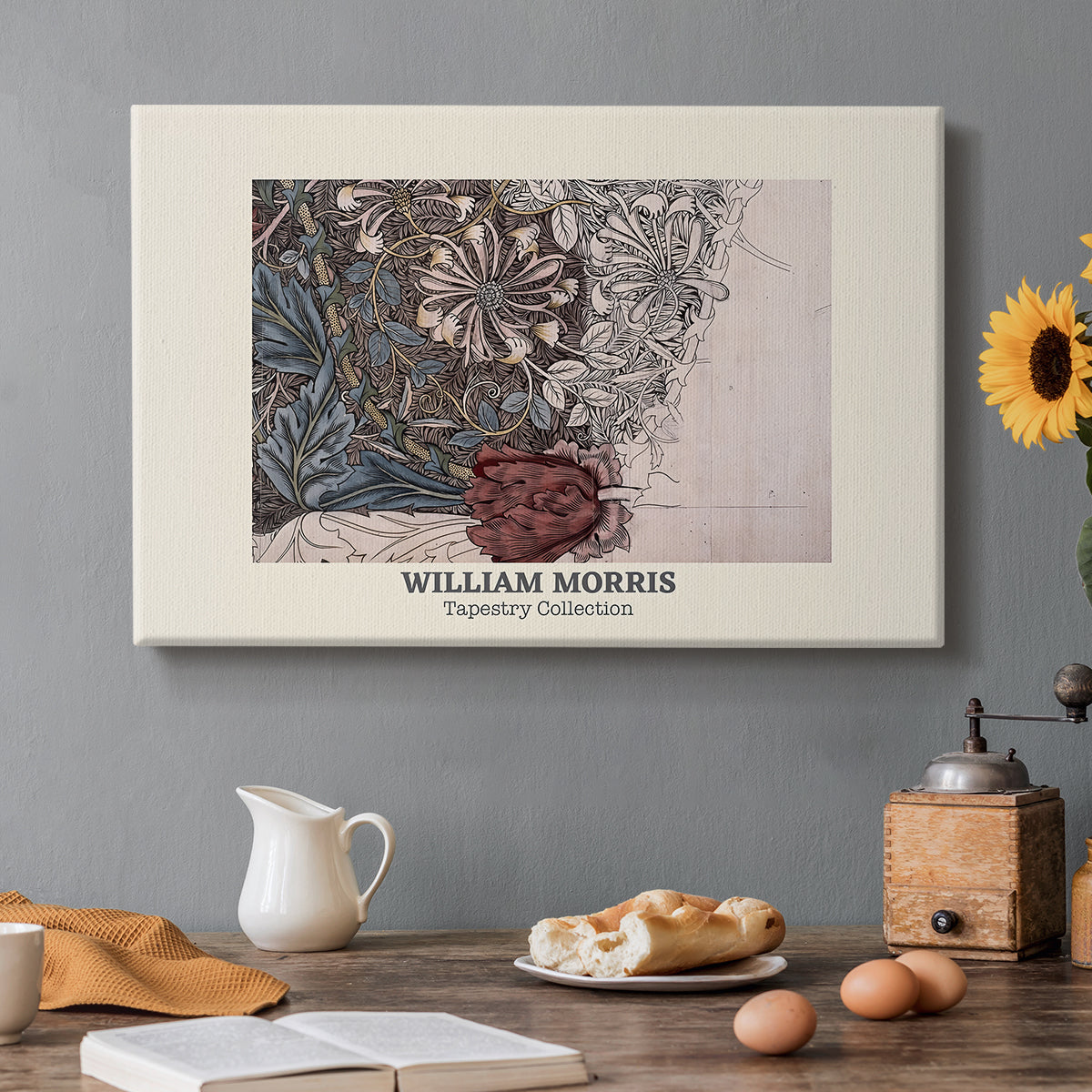 Canvas art print featuring a repeating pattern of intertwining vines, leaves, and flowers arranged in dense textile design, set in a cozy kitchen setting