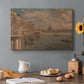 Canvas art print featuring a cityscape with riverside buildings and bridge, set in a cozy kitchen setting