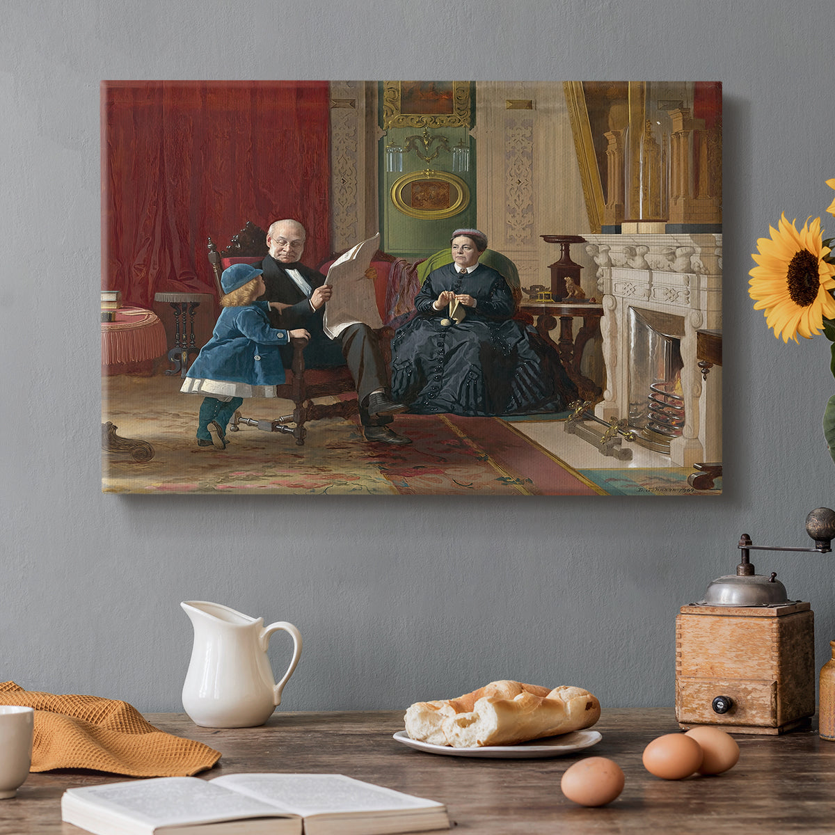 Canvas art print featuring a family seated together in interior room engaged in quiet activity, set in a cozy kitchen setting
