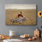 Canvas art print featuring an exhausted figure resting on ground in open rural landscape, set in a cozy kitchen setting
