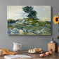 Canvas art print featuring a rocky terrain with natural formations and sparse vegetation under sky, set in a cozy kitchen setting
