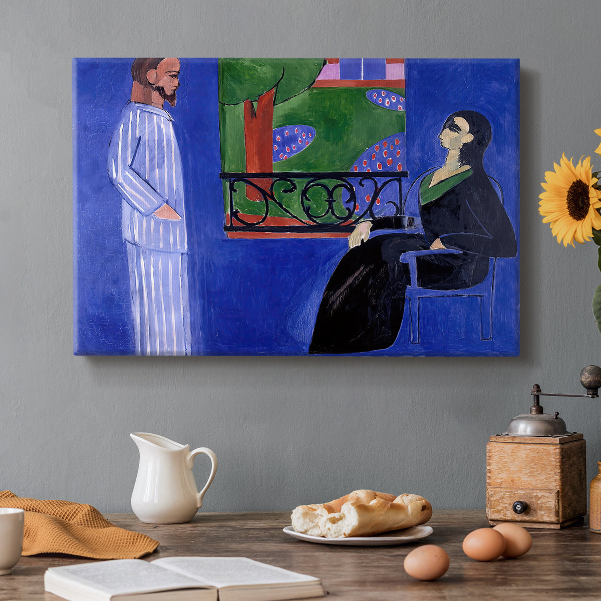 Canvas art print featuring two figures standing in an interior with strong contrasting colors, set in a cozy kitchen setting
