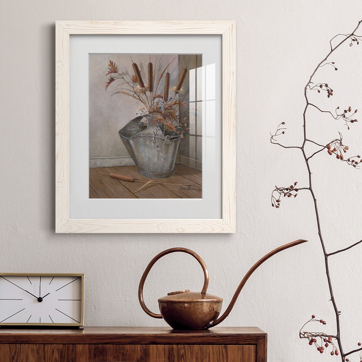 Berries & Cat Tails - Premium Framed Print - Distressed Barnwood Frame - Ready to Hang