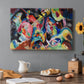 Canvas art print featuring a chaotic abstract composition with dense overlapping colors and forms suggesting turbulent motion, set in a cozy kitchen setting