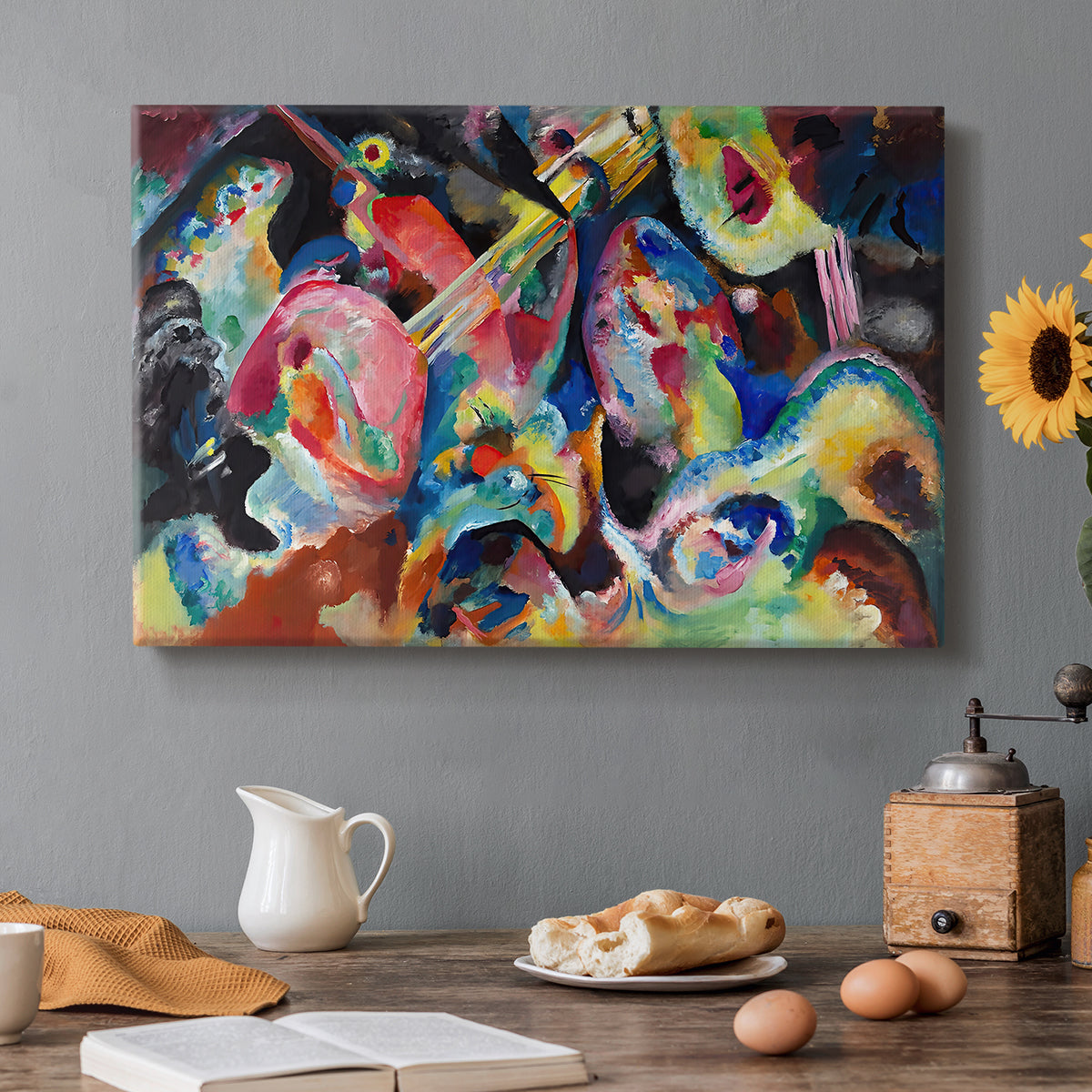 Canvas art print featuring a chaotic abstract composition with dense overlapping colors and forms suggesting turbulent motion, set in a cozy kitchen setting
