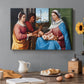 Canvas art print featuring a group of figures seated together in calm religious setting with soft landscape background, set in a cozy kitchen setting