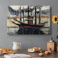 Canvas art print featuring two boats moored side by side with masts, set in a cozy kitchen setting