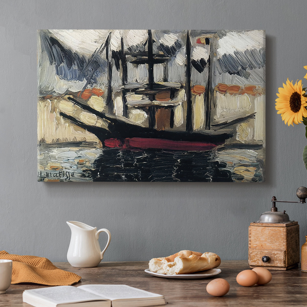 Canvas art print featuring two boats moored side by side with masts, set in a cozy kitchen setting
