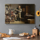 Canvas art print featuring a man working at printing table inside detailed workshop interior, set in a cozy kitchen setting
