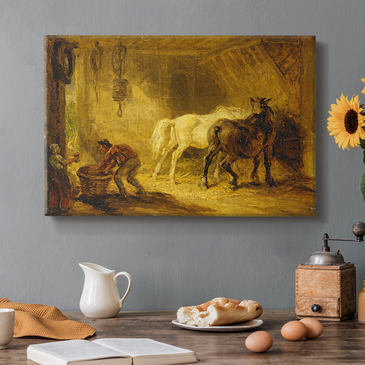 Canvas art print featuring an ewe with lambs resting together in open countryside, set in a cozy kitchen setting