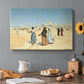 Canvas art print featuring figures traveling across desert with distant city and tombs on horizon, set in a cozy kitchen setting