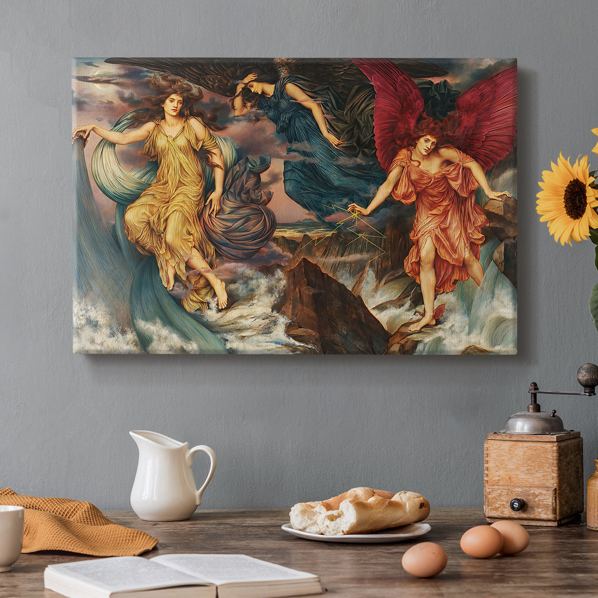 Canvas art print featuring multiple figures swirling through sky representing storm forces in motion, set in a cozy kitchen setting