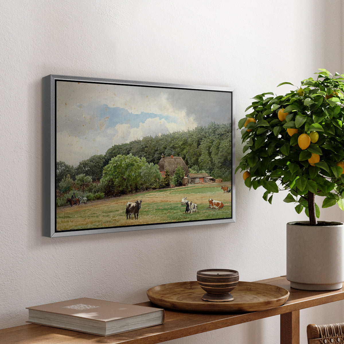 Farm with Grazing Cows (Bondegård med beitende kuer), 1892 - Floater Framed Canvas Print