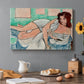 Canvas art print featuring a reclining nude wearing a bathrobe in a colorful interior, set in a cozy kitchen setting