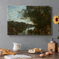 Canvas art print featuring a lake landscape surrounded by trees and distant hills under soft sky, set in a cozy kitchen setting