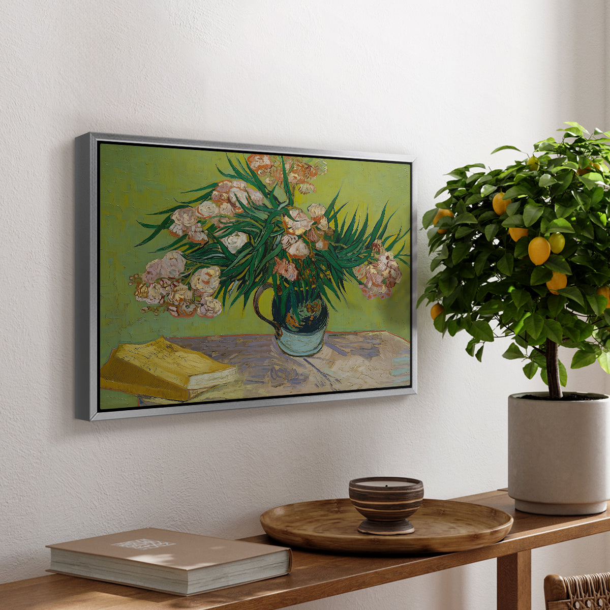 Vase with Oleanders and Books, 1888 - Floater Framed Canvas Print