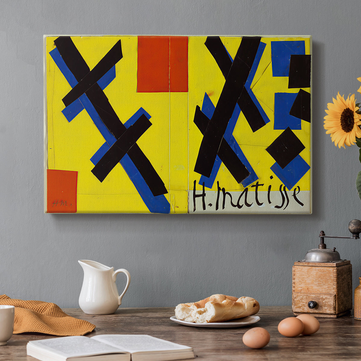 Canvas art print featuring an abstract graphic design with bold shapes and color blocks arranged symmetrically, set in a cozy kitchen setting