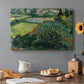 Canvas art print featuring a field dotted with red poppies under bright sky and rolling terrain, set in a cozy kitchen setting