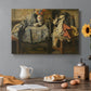 Canvas art print featuring an assortment of objects arranged on table in detailed still life composition, set in a cozy kitchen setting