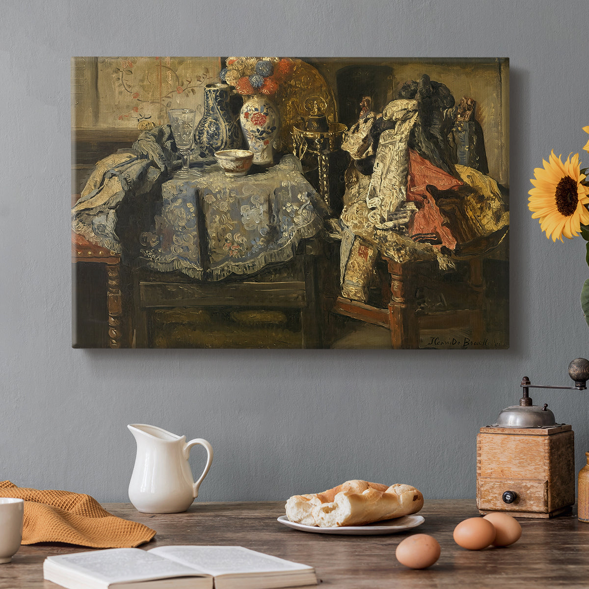Canvas art print featuring an assortment of objects arranged on table in detailed still life composition, set in a cozy kitchen setting