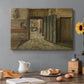 Canvas art print featuring two figures standing in sparse interior engaged in quiet exchange, set in a cozy kitchen setting
