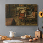 Canvas art print featuring a figure seated indoors carefully working on artwork at table, set in a cozy kitchen setting