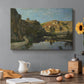 Canvas art print featuring a river flowing between rocky cliffs under open sky, set in a cozy kitchen setting