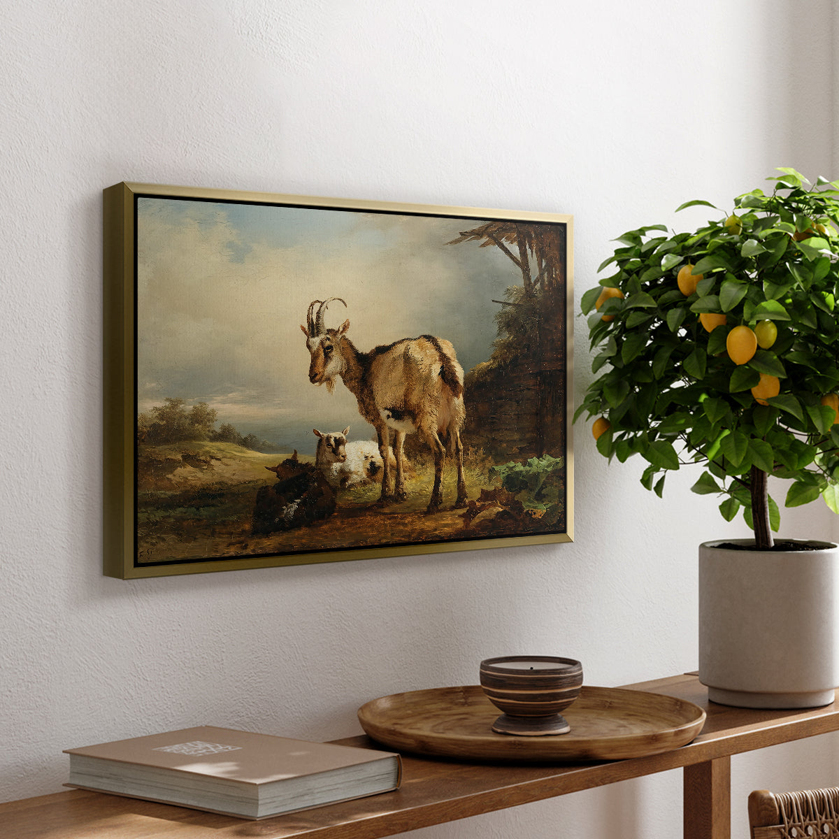A Goat with Two Kids - Floater Framed Canvas Print