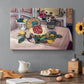 Canvas art print featuring a tabletop still life with pineapple, lemons, and fruit, set in a cozy kitchen setting