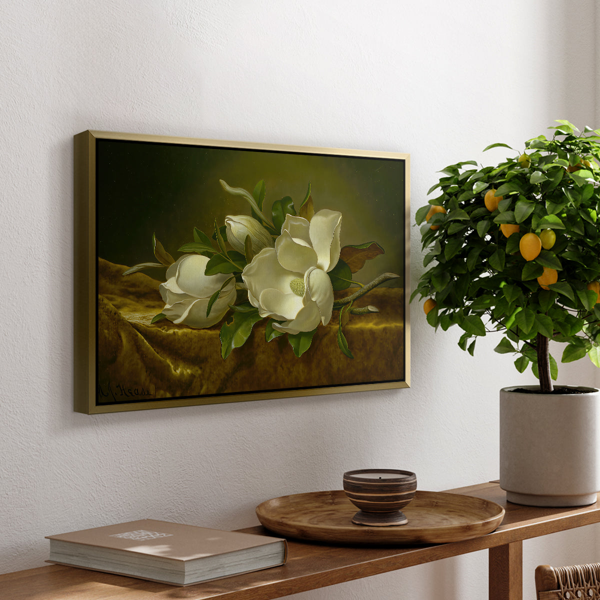 Magnolias on Gold Velvet Cloth, c. 1888-1890 - Floater Framed Canvas Print