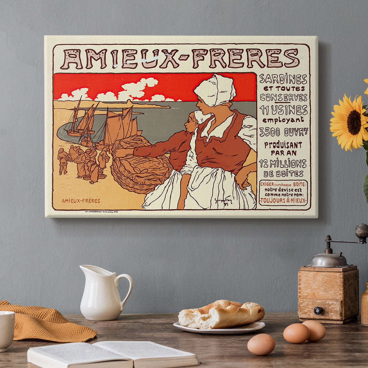Canvas art print featuring a vintage Art Nouveau advertisement poster with illustrated figures and decorative typography, set in a cozy kitchen setting