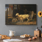 Canvas art print featuring a group of sheep gathered inside dimly lit stable interior, set in a cozy kitchen setting