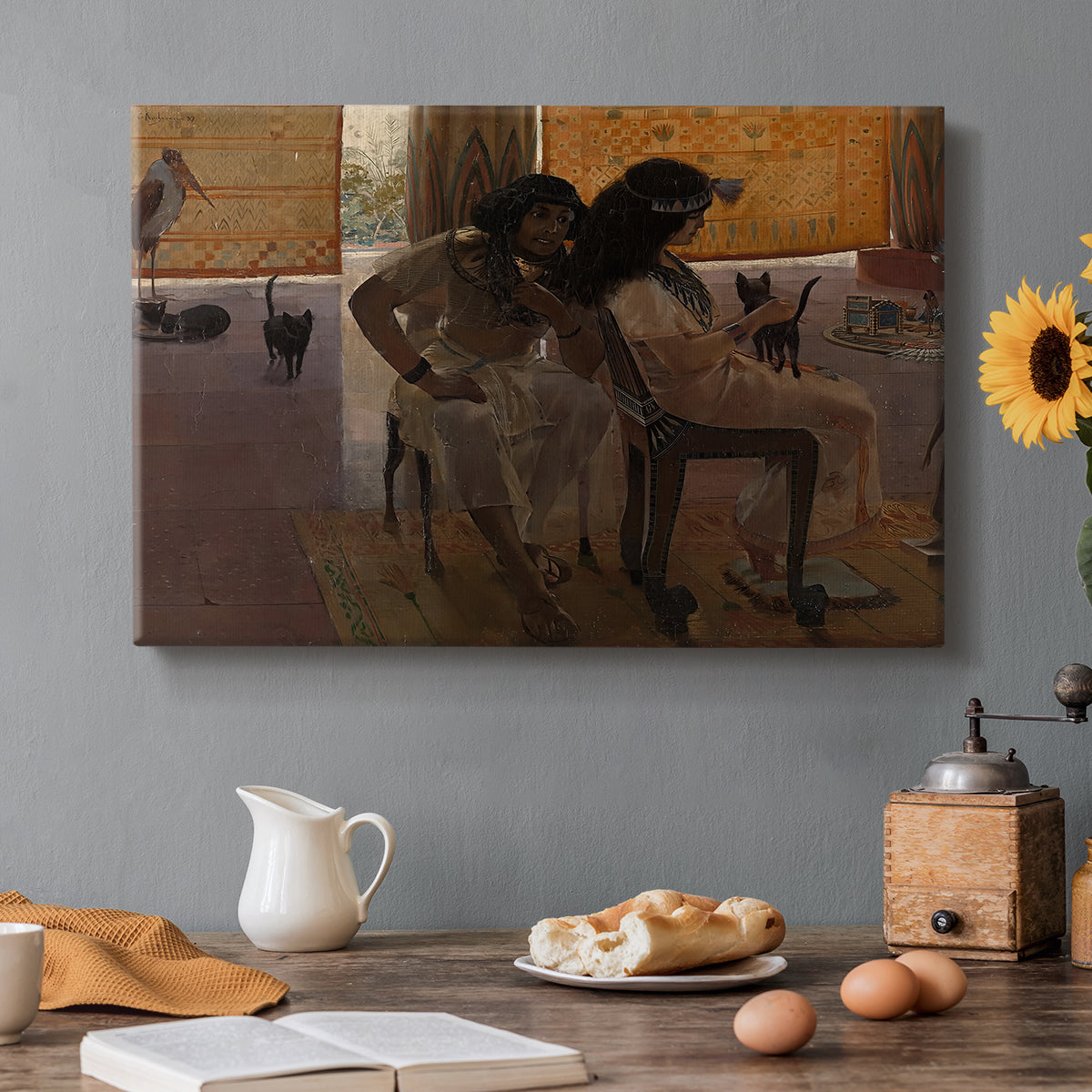 Canvas art print featuring ancient Egyptian figures gathered in ceremonial or architectural setting, set in a cozy kitchen setting