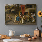 Canvas art print featuring villagers gathered outdoors celebrating in festive scene, set in a cozy kitchen setting