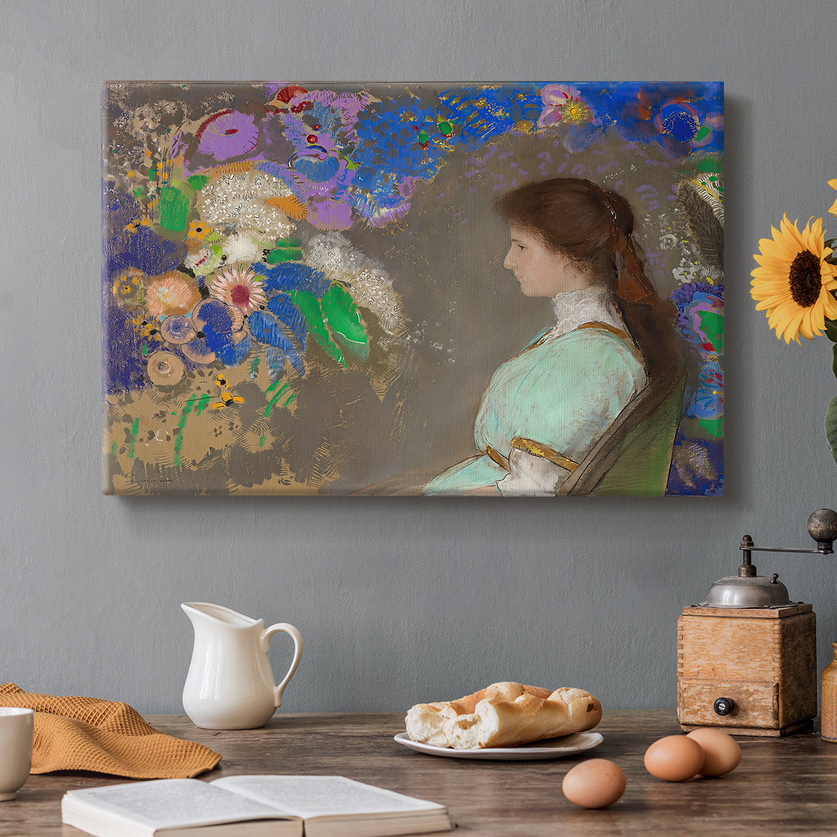 Canvas art print featuring a young woman in profile with soft decorative background, set in a cozy kitchen setting