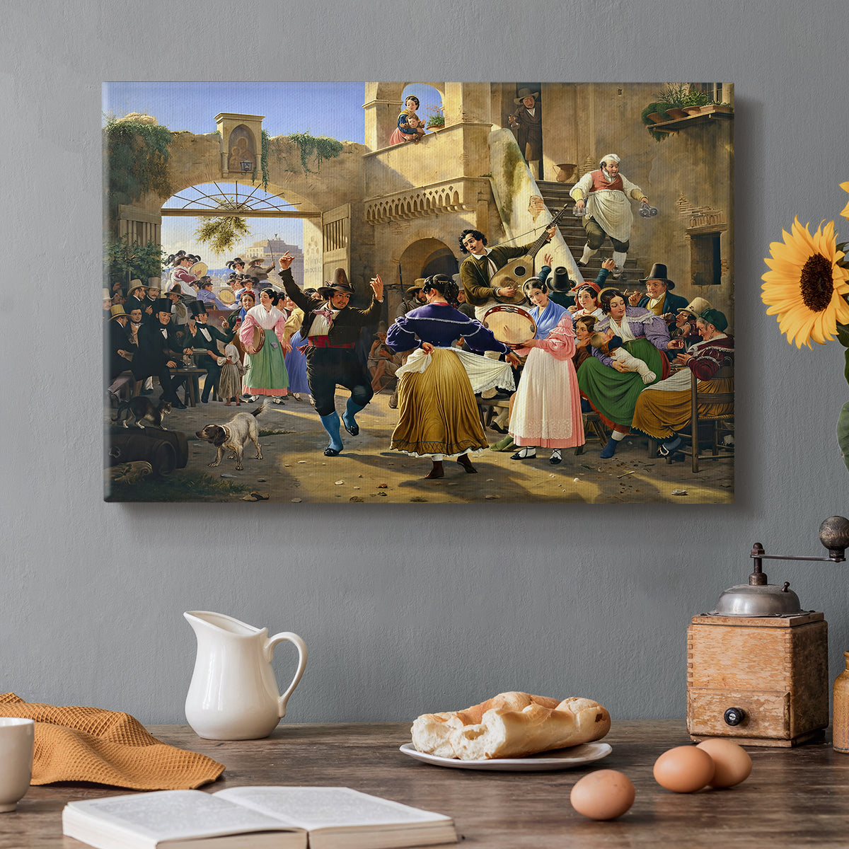Canvas art print featuring a group of people eating and drinking together in lively tavern setting, set in a cozy kitchen setting