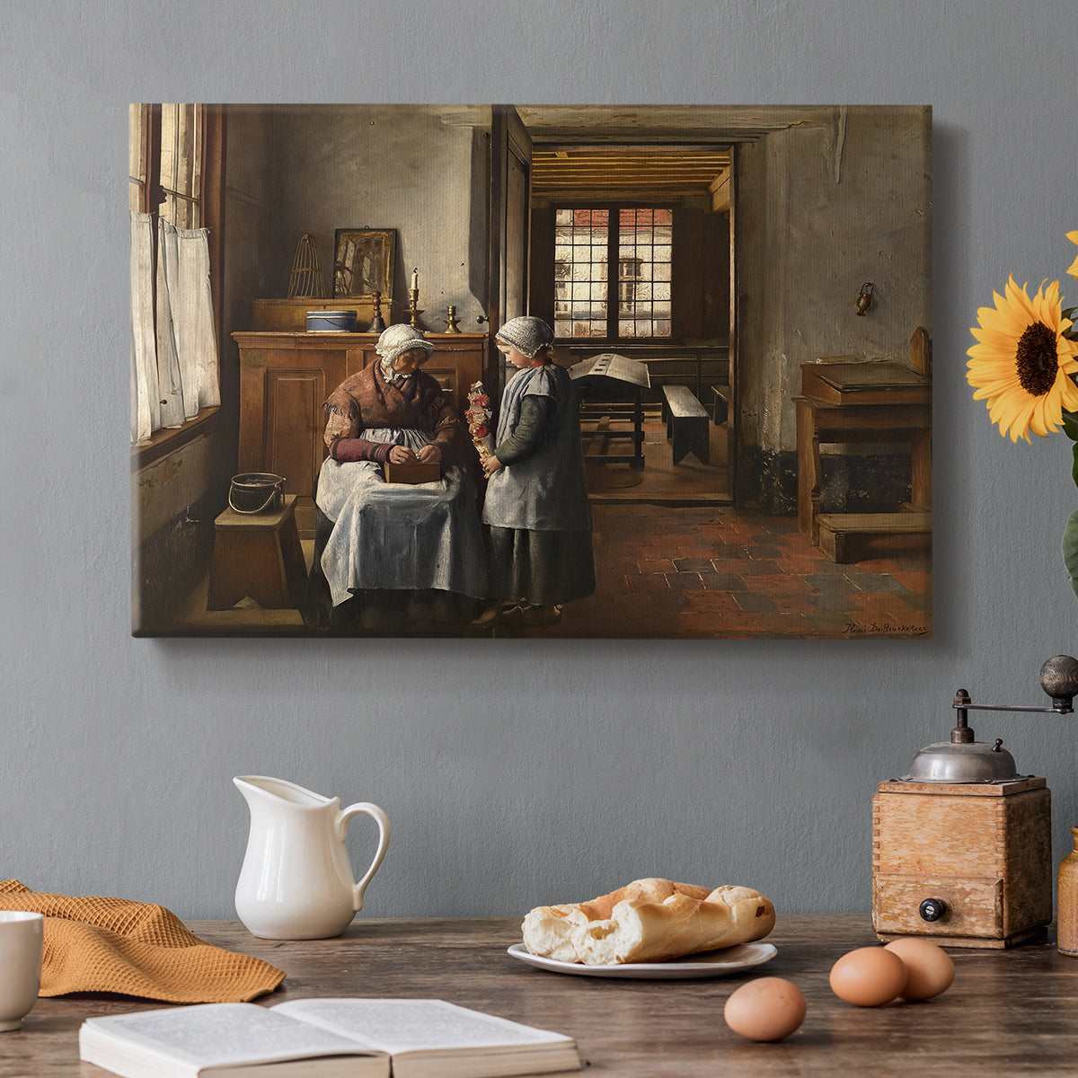 Canvas art print featuring a group gathered around table sharing meal in warm interior setting, set in a cozy kitchen setting