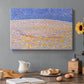 Canvas art print featuring an abstract dune landscape with dotted texture, set in a cozy kitchen setting