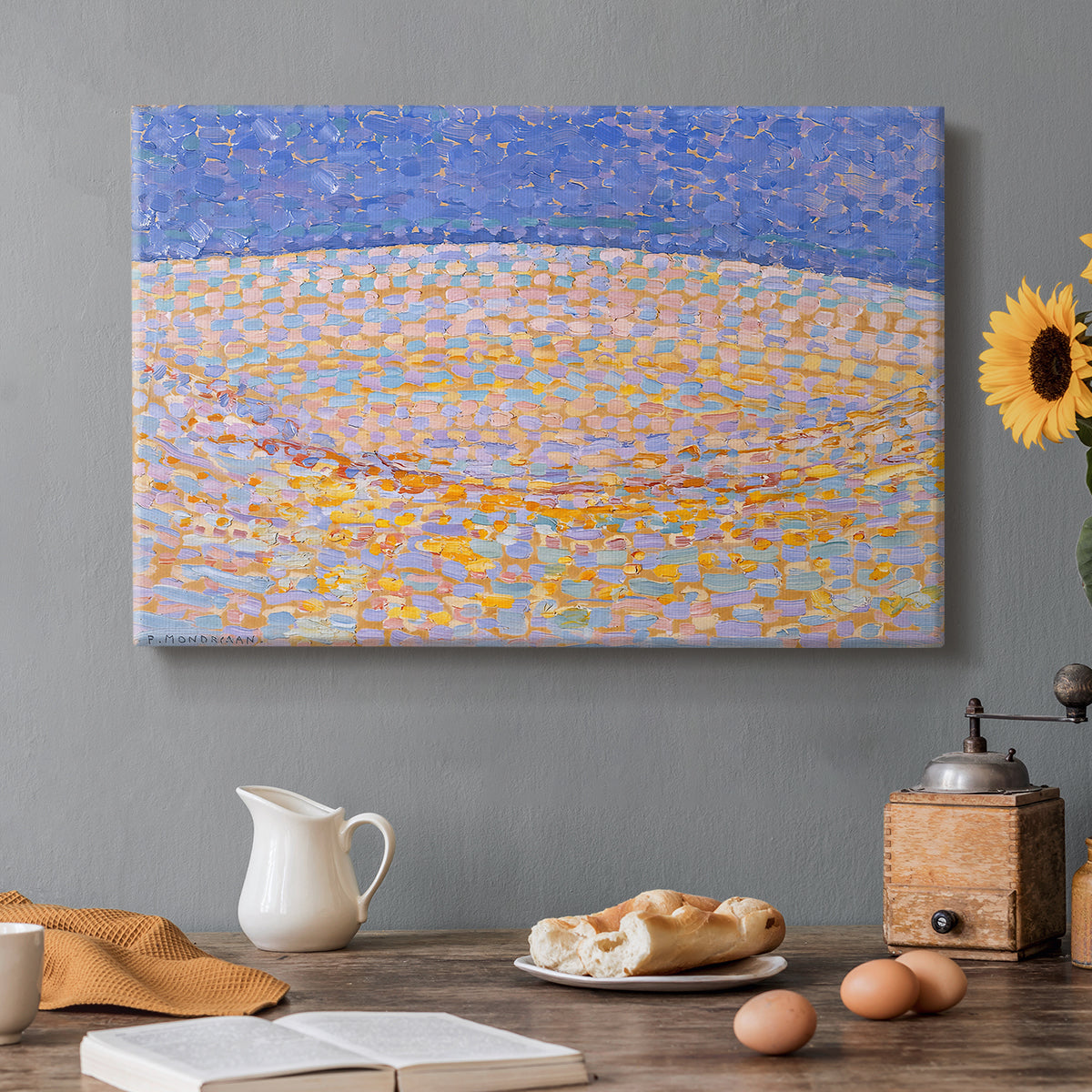 Canvas art print featuring an abstract dune landscape with dotted texture, set in a cozy kitchen setting
