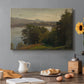 Canvas art print featuring a lake surrounded by hills with reflective water and open sky, set in a cozy kitchen setting