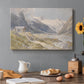 Canvas art print featuring a small group of shepherds in alpine landscape with grazing animals, set in a cozy kitchen setting