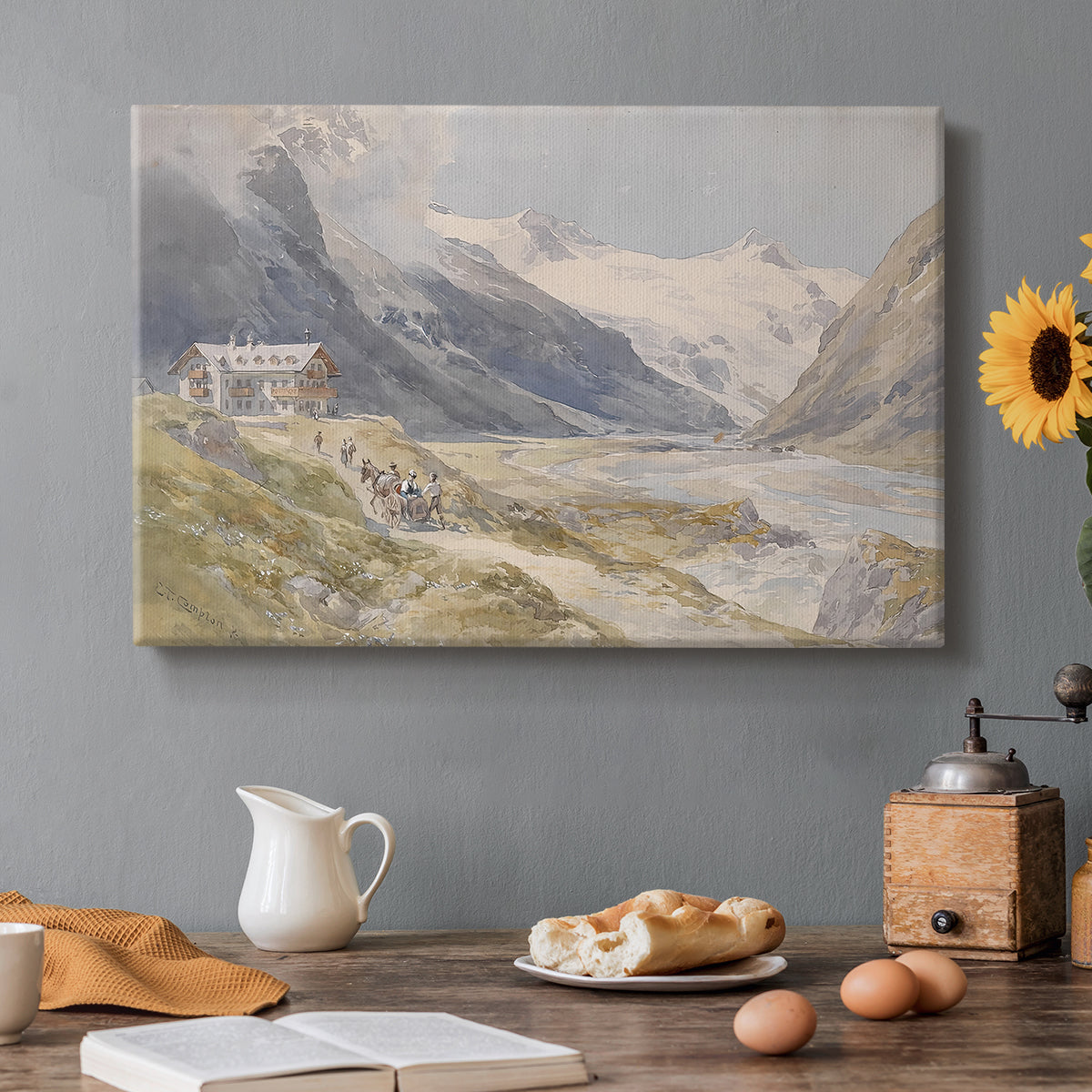 Canvas art print featuring a small group of shepherds in alpine landscape with grazing animals, set in a cozy kitchen setting